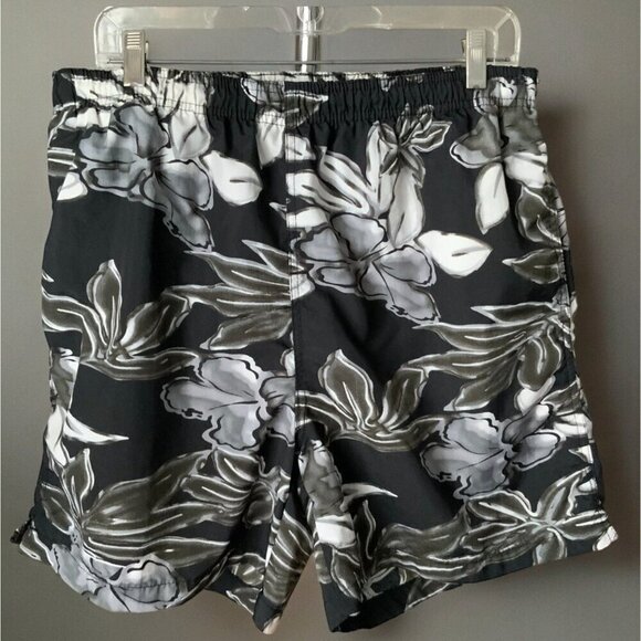 Pacific Scene Hawaiian Floral Swim Trunks Black Lined Elastic Waist Pockets L - Picture 2 of 7